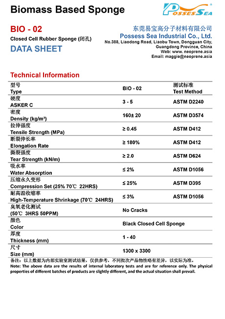 List of Physical Properties of Bio-2 Based Polyisoprene Sponge