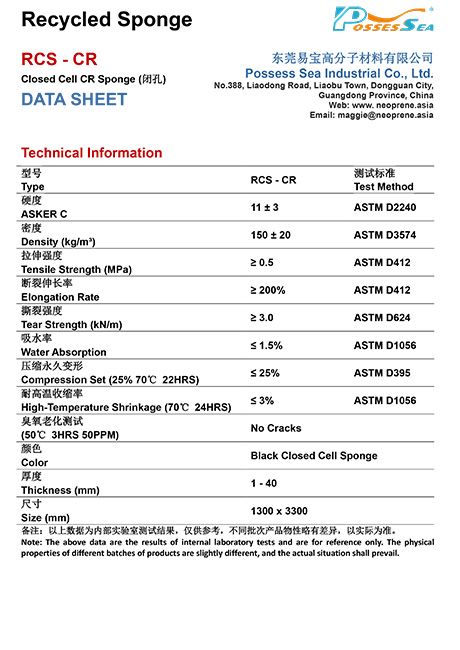 List of Physical Properties of Recycled CR Neopren Sponge